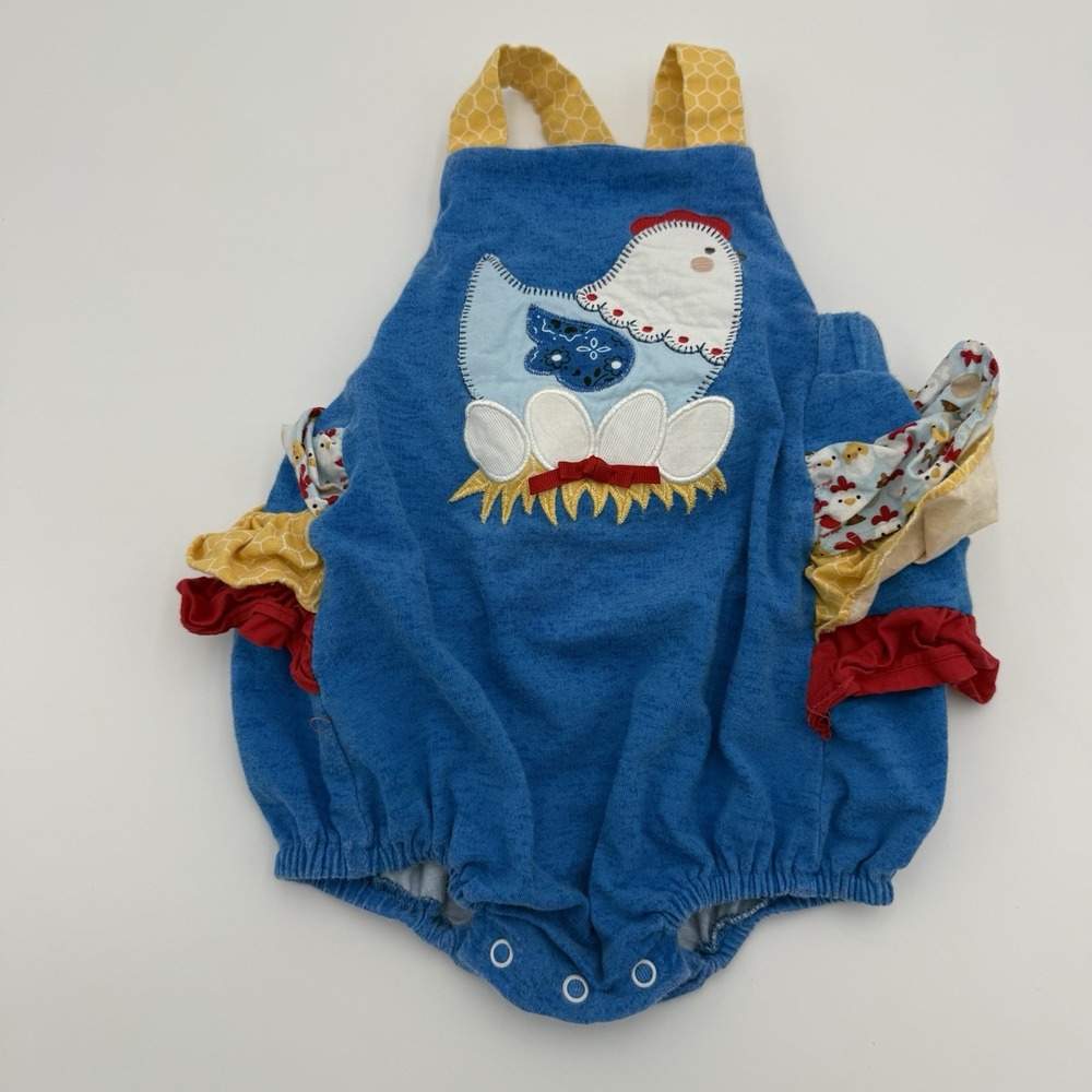 Ricrac & Ruffles Girls 24M-2T Blue Terrycloth Cotton Chicken Applique Romper